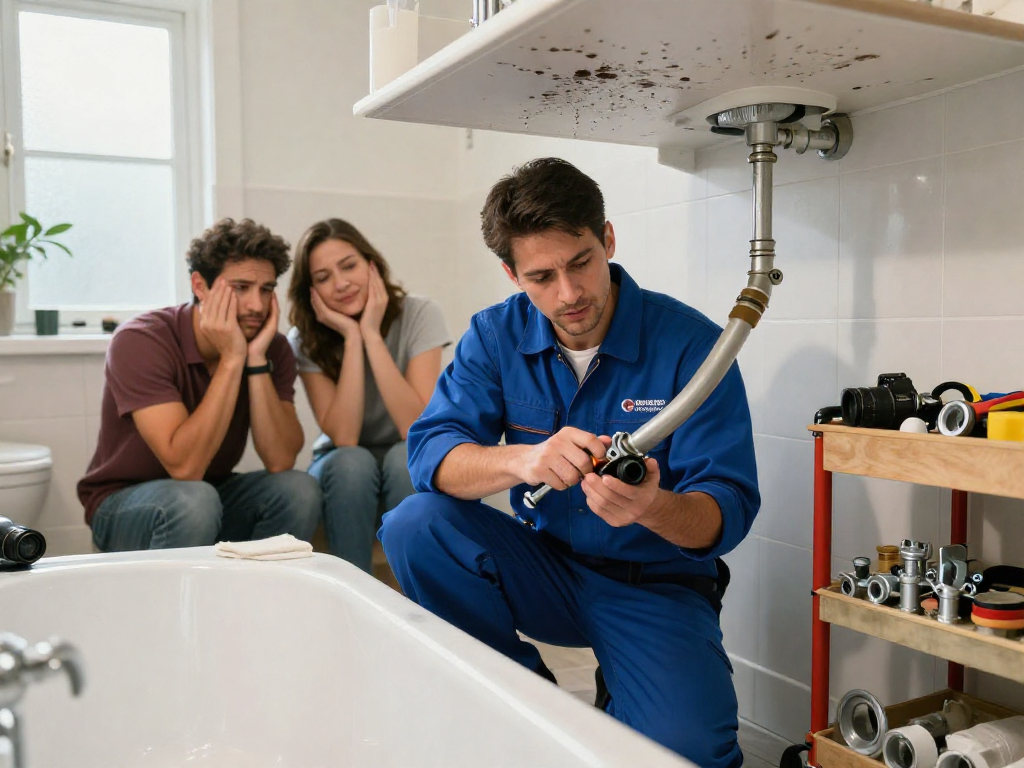 Emergency plumber Fort Worth fixing a burst pipe in a home bathroom with tools on display.