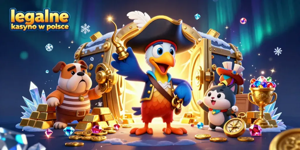 Engage with legalne kasyno w polsce through a vibrant 3D casino scene filled with treasure.