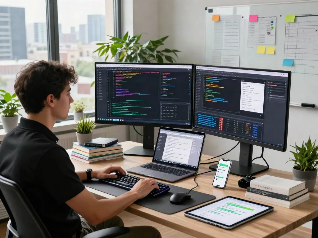 Pengembang di ruang kerja modern menampilkan PG server dan teknologi terkini.