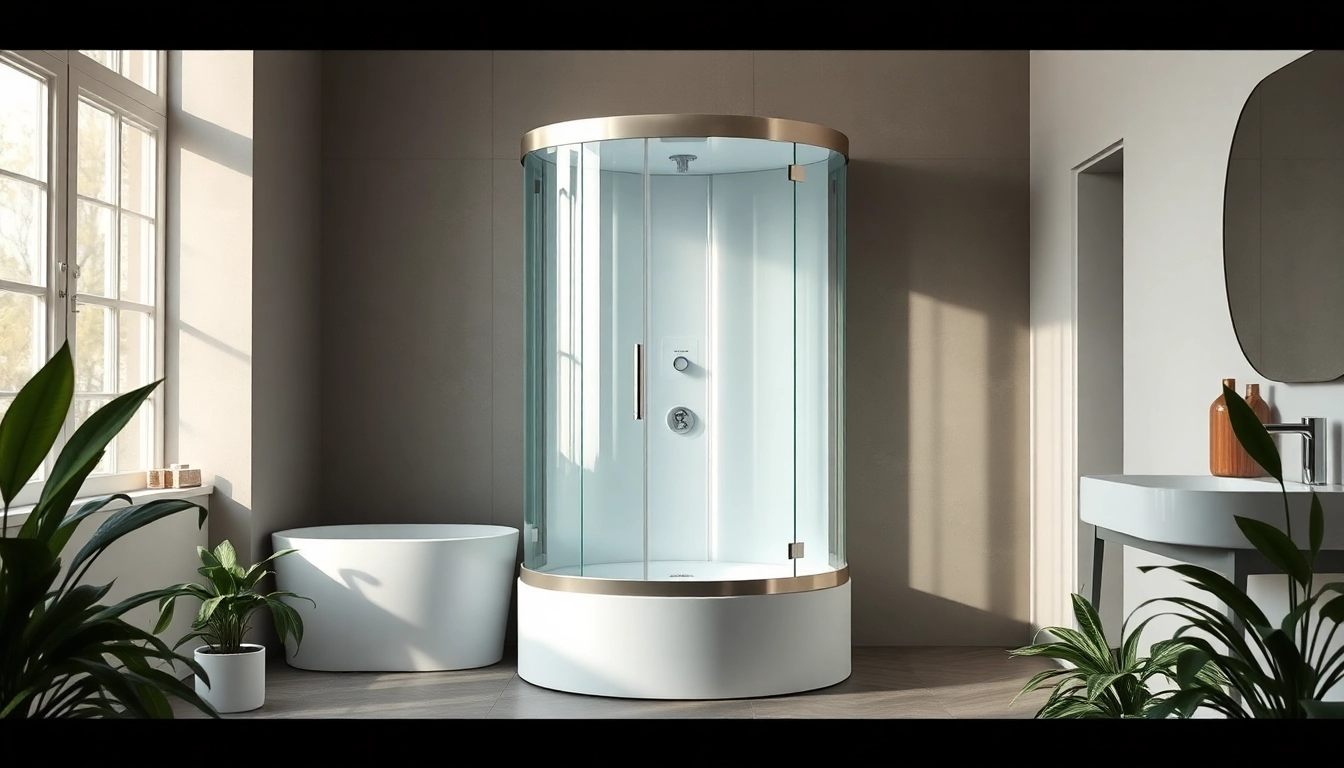 Die innovative sonni Duschkabine in einem eleganten Bad mit natürlichem Licht umfasst stilvolle Armaturen.