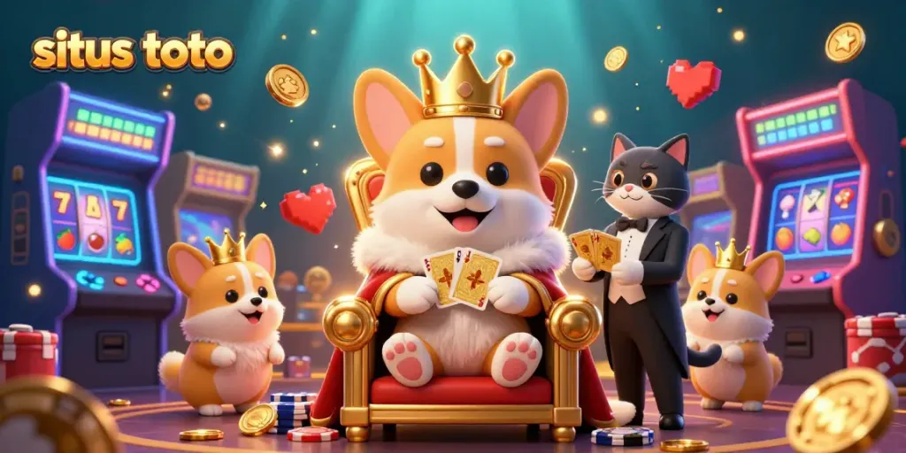 Gambarkan situs toto dengan corgi kerajaan bermahkota emas dalam suasana kasino 3D yang meriah.
