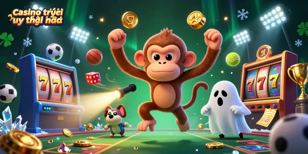 Hình ảnh sống động về casino trực tuyến uy tín nhất với nhân vật và yếu tố trò chơi hấp dẫn.