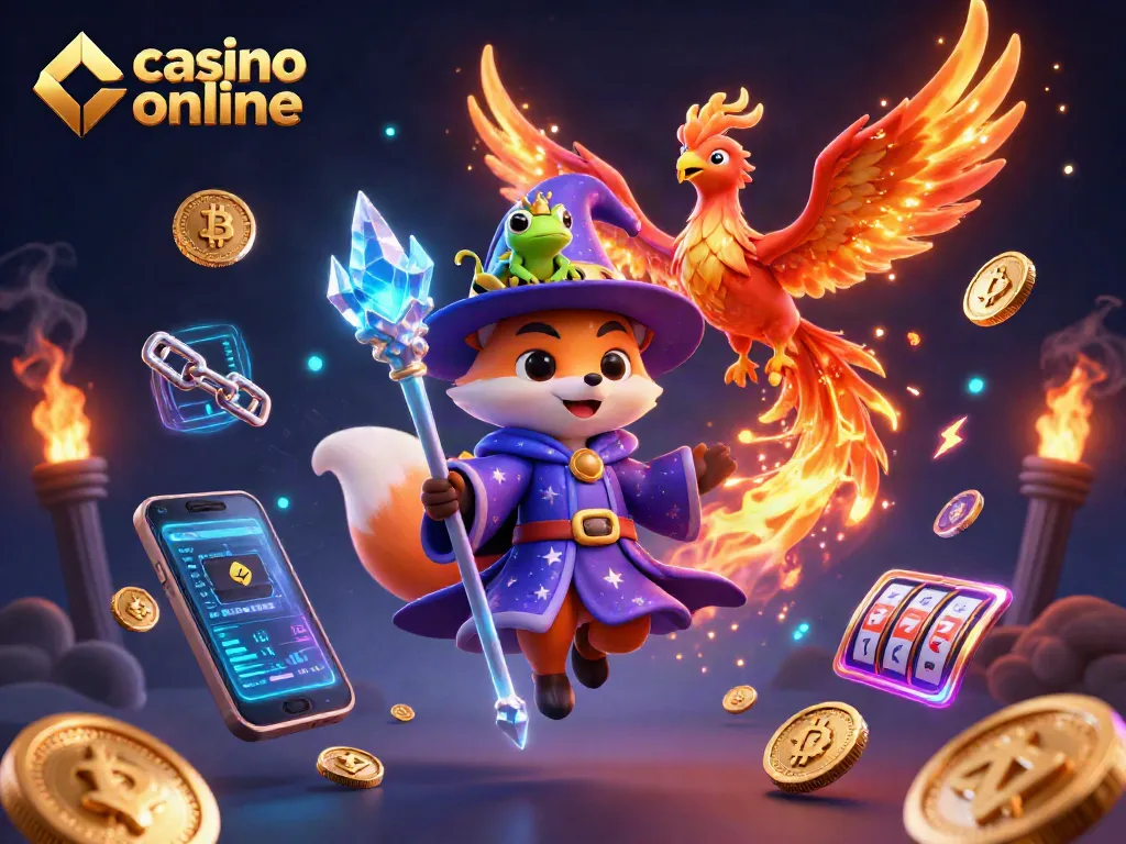 El casino online presenta una ilustración 3D vibrante con un zorro mágico y elementos de juego.
