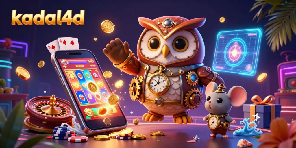 Kadal4d showcases a vibrant 3D casino scene featuring a time-traveling owl and a smartphone displaying a slot game.