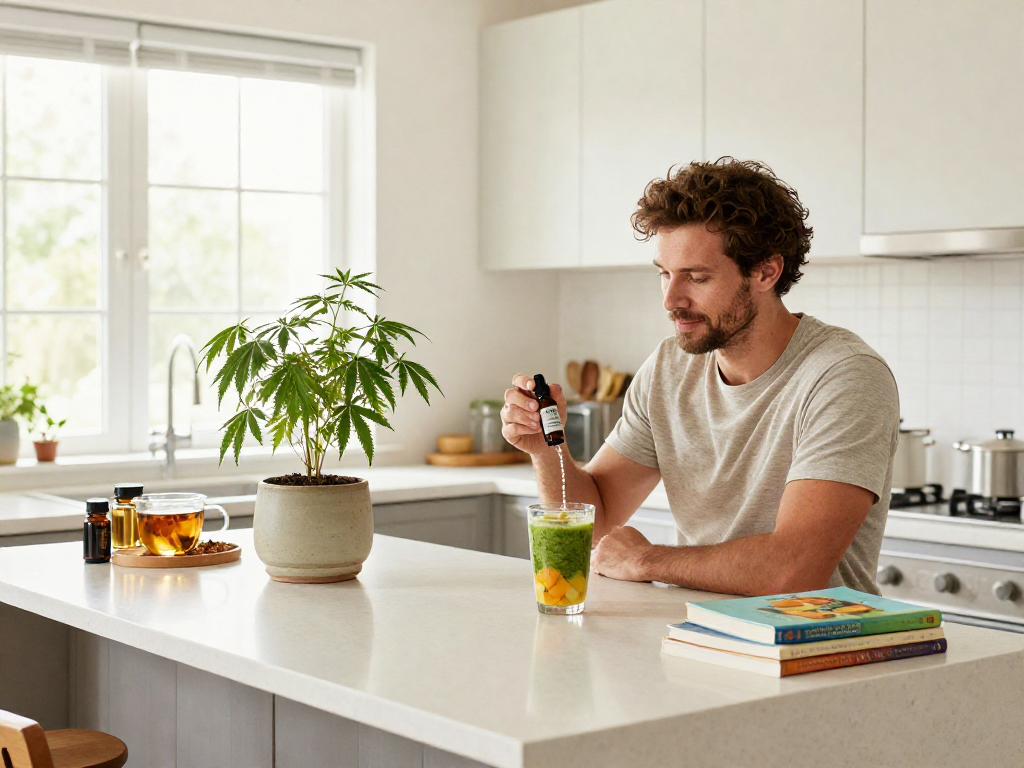 Buy pre-rolls online and discover premium CBD wellness products in a bright kitchen setting featuring a hemp plant, tincture, and natural wellness elements.