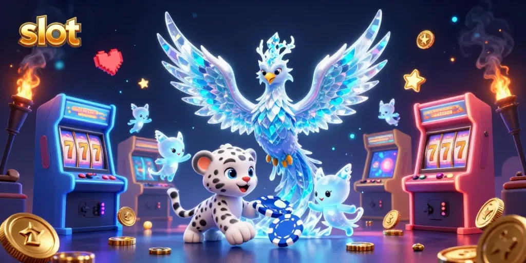 Engage with slot machines in this vivid illustration featuring magical characters and arcade elements.