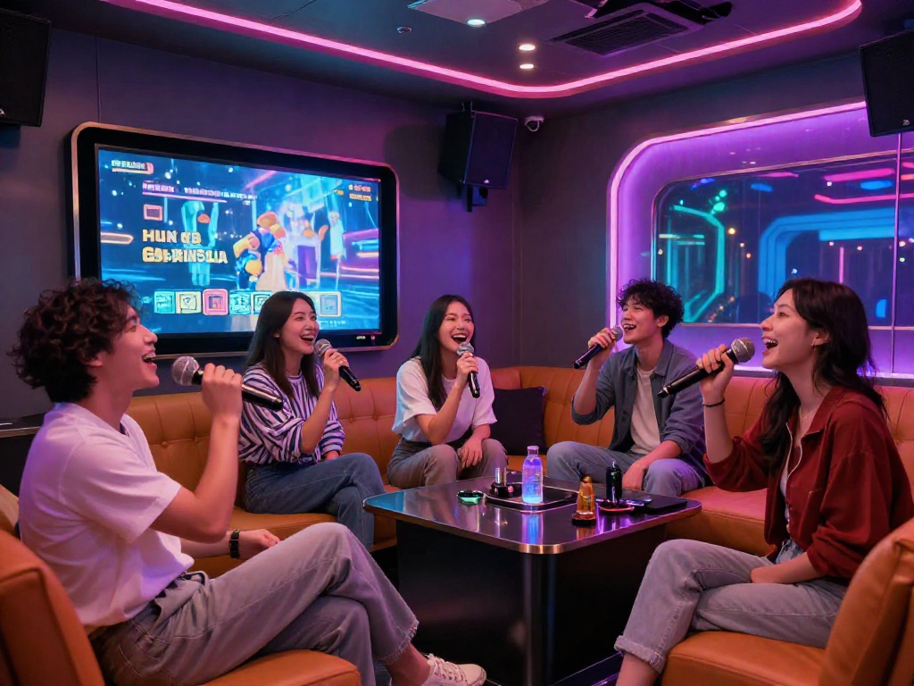 강남가라오케에서 현대적인 인테리어의 프리미엄 노래방에서 친구들이 즐겁게 노래하는 모습