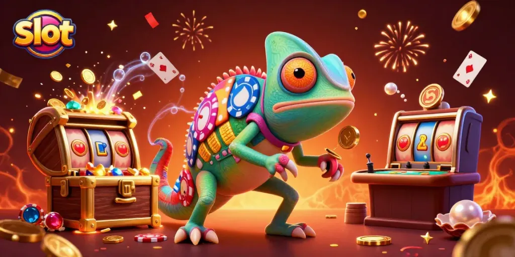Engage with vibrant slot action in this illustrated casino scene featuring a colorful chameleon owner.
