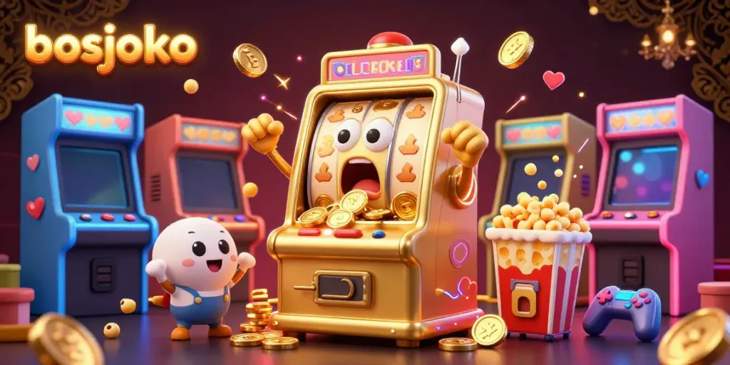 Experience the excitement of bosjoko with a golden slot machine hitting a jackpot, surrounded by cheering smaller machines.