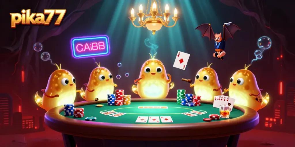 Engage in thrilling gameplay at pika77 with bioluminescent glowworms illuminating a vibrant casino scene.