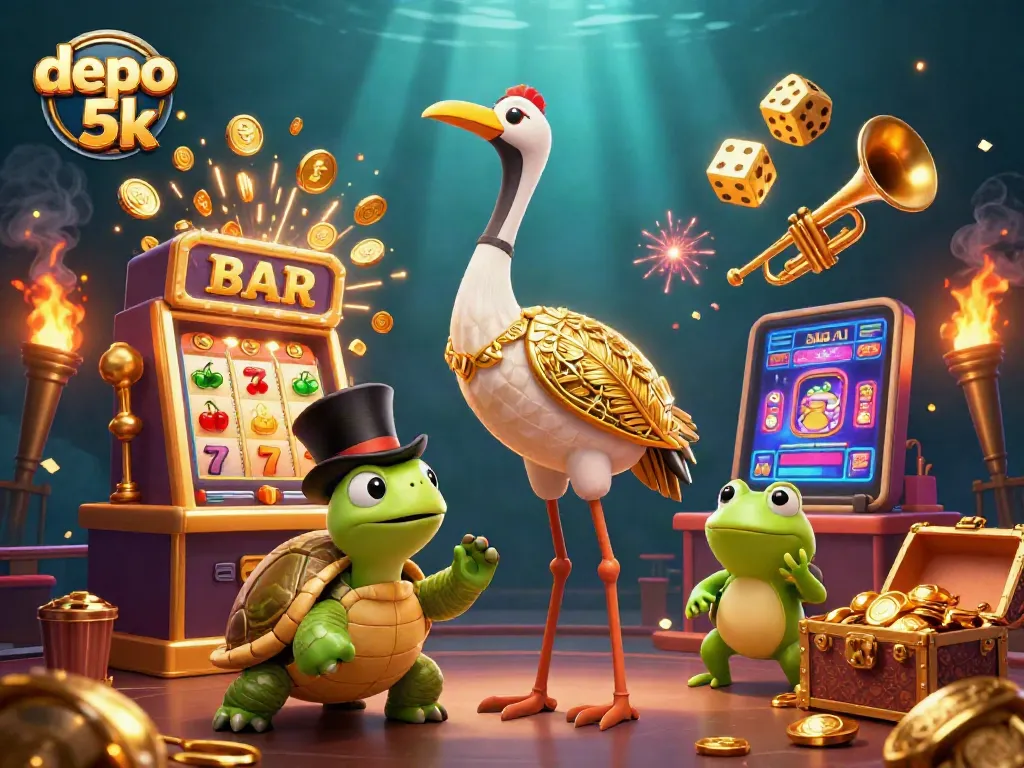 Experience thrilling gameplay with depo 5k as characters celebrate casino wins in a vibrant scene.