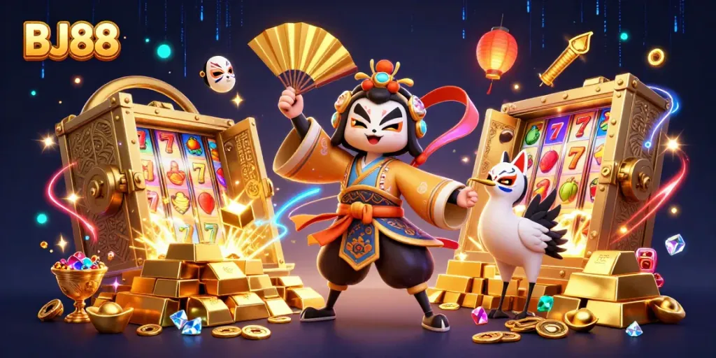 Engage with BJ88 casino's vibrant world featuring lucky charms, gold treasures, and 3D animated characters.