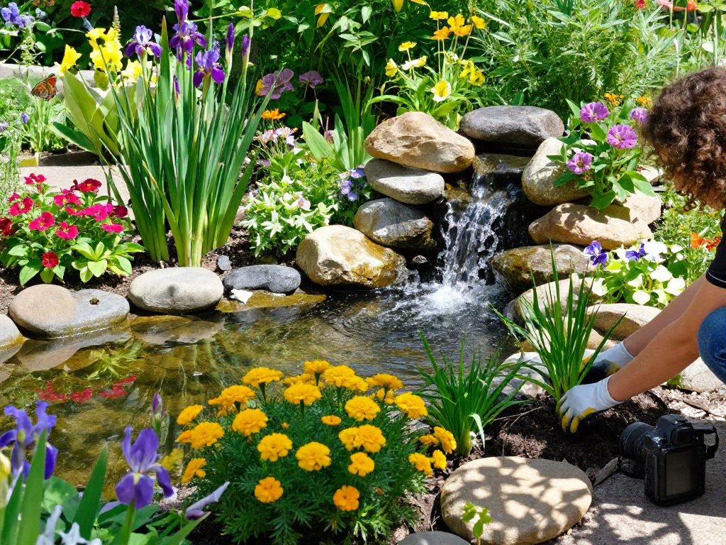 Buy Marginal Pond Plants - A gardener planting colorful marginal plants by a serene pond.