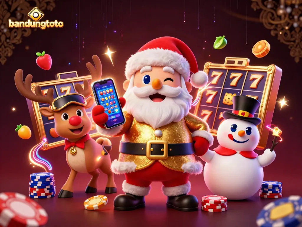 Experience the excitement of slots with bandungtoto's festive casino scene featuring Santa and friends.