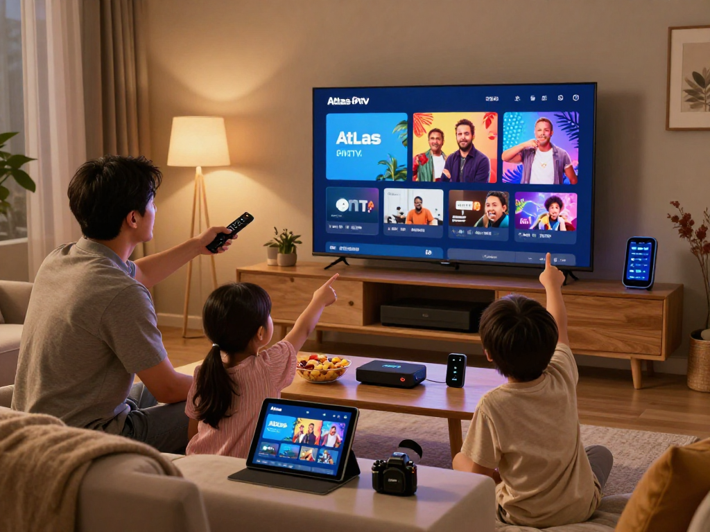 La famille profitant de l'application Atlas Pro pour des soirées cinéma à domicile avec une ambiance chaleureuse.