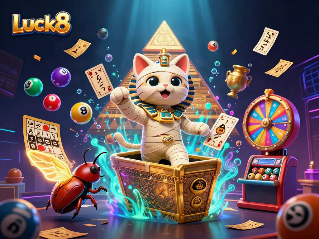 Luck8 showcases vibrant gambling elements with a mummy cat, vibrant colors, and dynamic casino action.