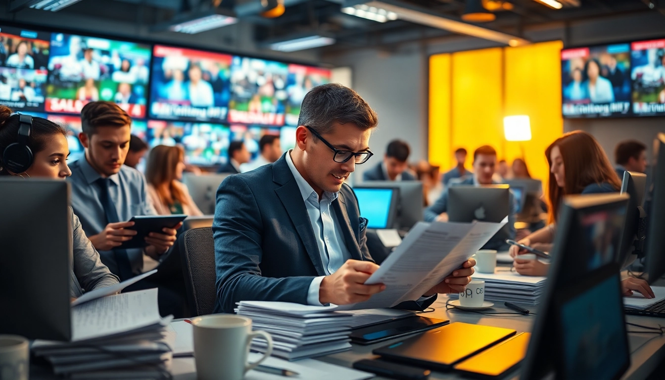 Dynamic newsroom scene depicting journalists producing news articles and reports.