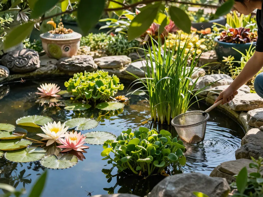 Pond Plants flourishing in serene garden pond with a person tending to water lilies and floating vegetation.