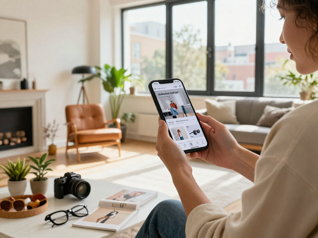 Motchill e-commerce lifestyle scene featuring a person browsing trendy products in a stylish urban apartment.