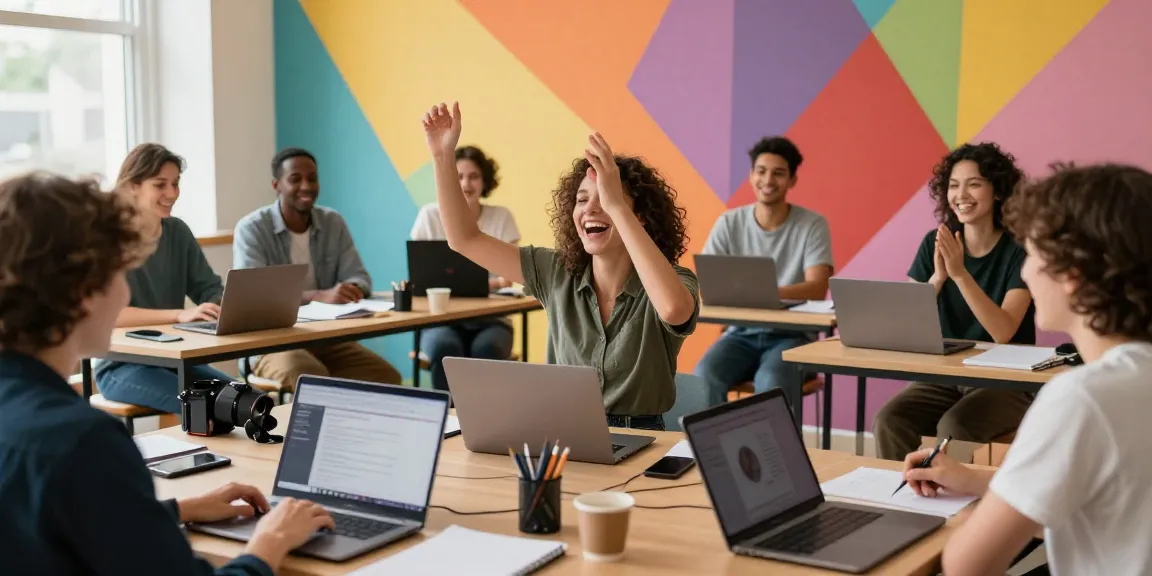 Students enjoying online improv classes, engaging in spontaneous exercises with vibrant creativity.