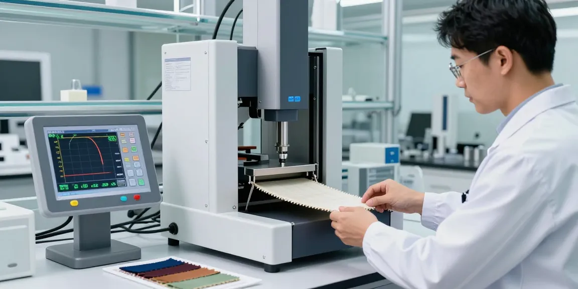 SmartPull tensile strength tester measuring fabric durability and performance in a modern lab environment.