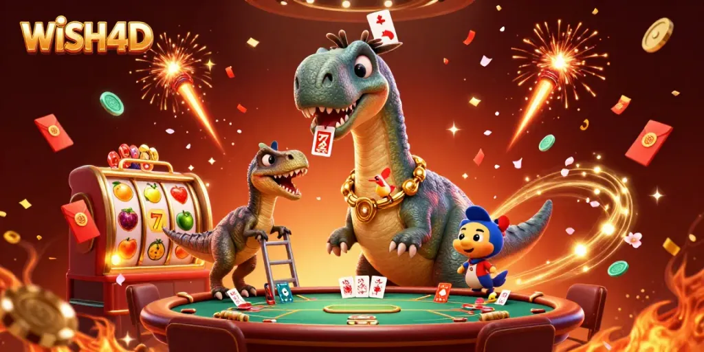 Experience excitement with WISH4D as a dinosaur dealer manages the poker table in a vibrant casino.