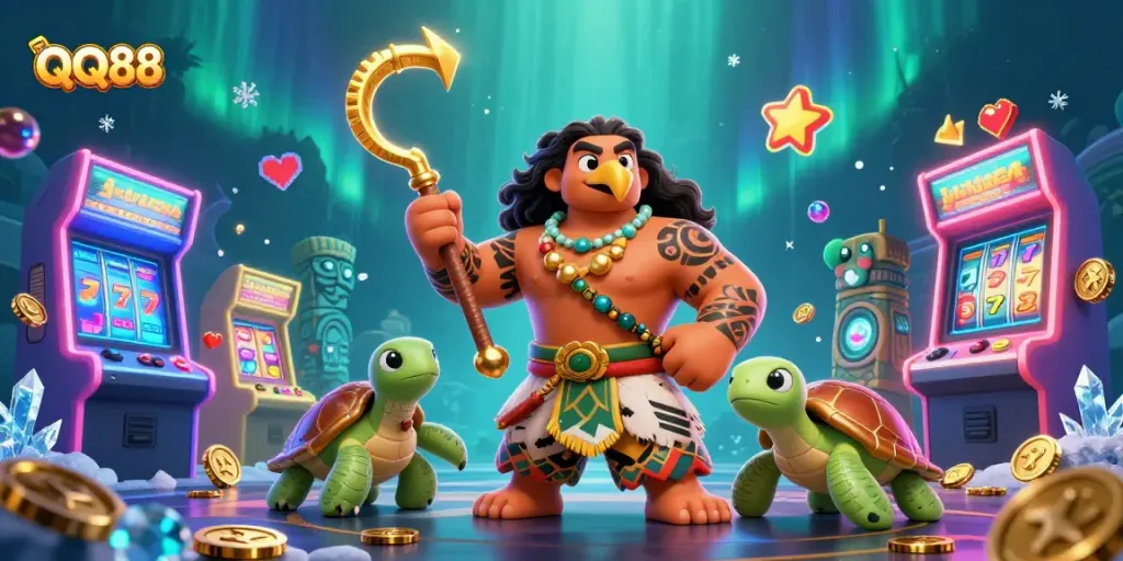 Experience the thrill of QQ88 with a vibrant 3D casino illustration featuring exciting game elements and characters.