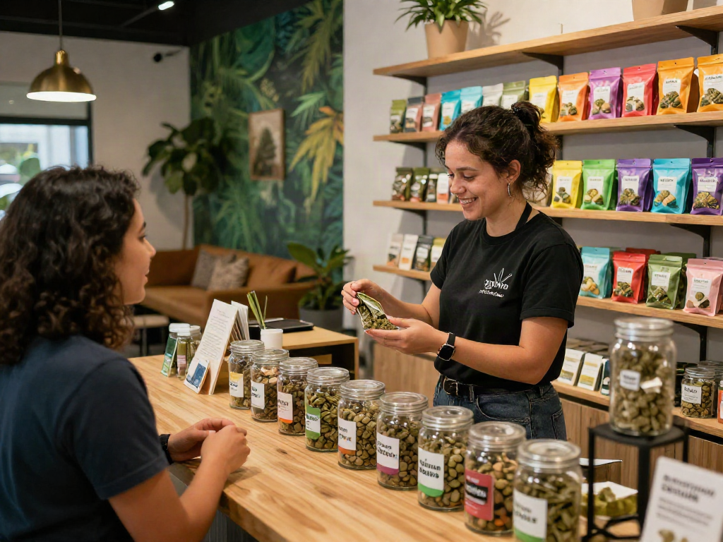 Customer exploring Camino sours selection in a vibrant cannabis retail space with colorful packaging.