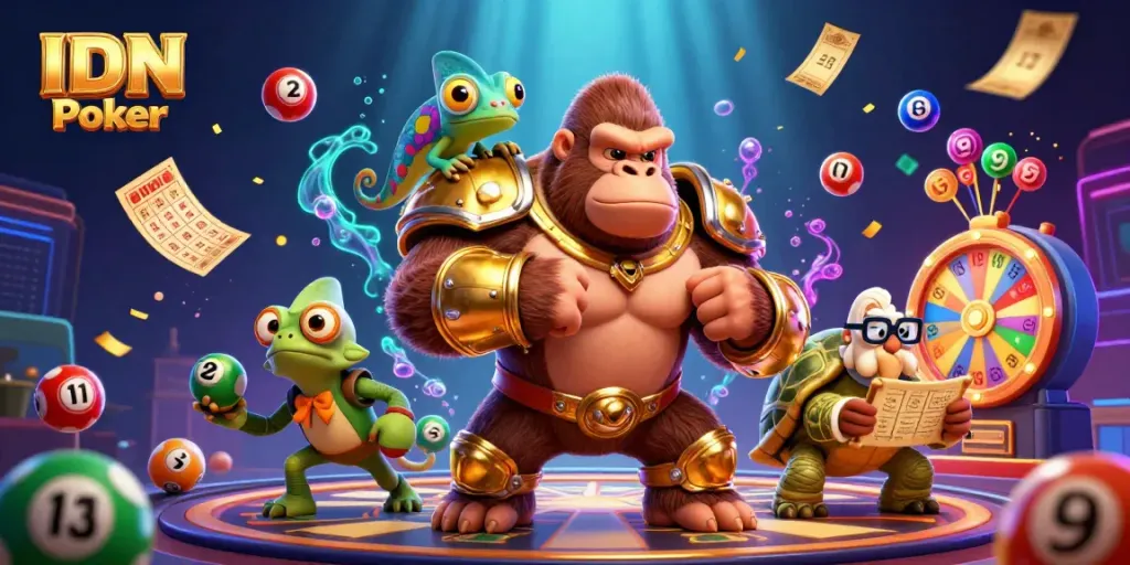 IDN Poker showcases a vibrant 3D scene with a gorilla king, chameleon, and tortoise amidst dynamic game elements.