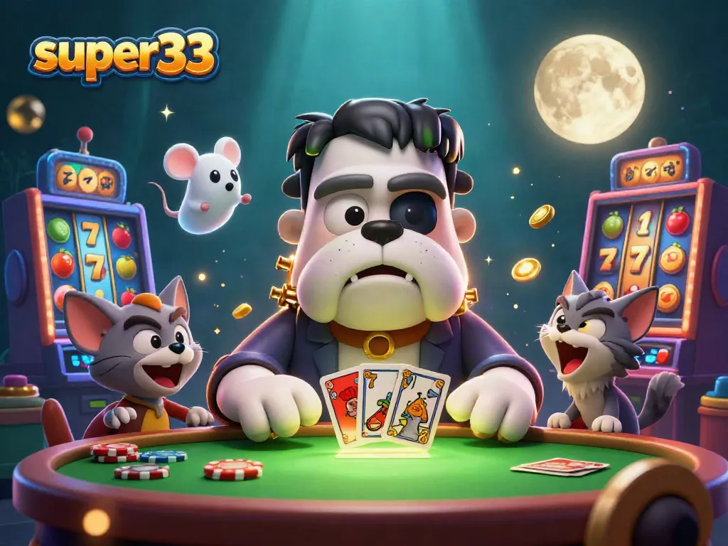 Engage in thrilling gameplay with super33 at a lively casino scene featuring unique characters and exciting slot machines.
