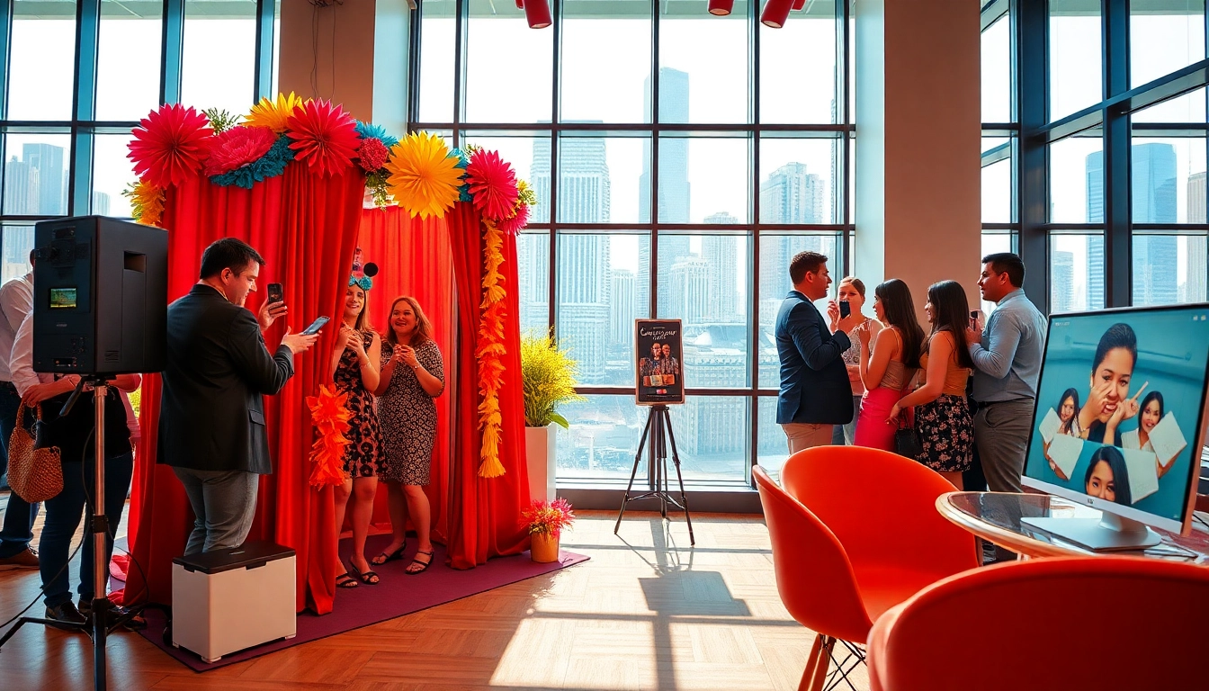 Guests enjoying a lively photo booth chicago experience at a vibrant event space.