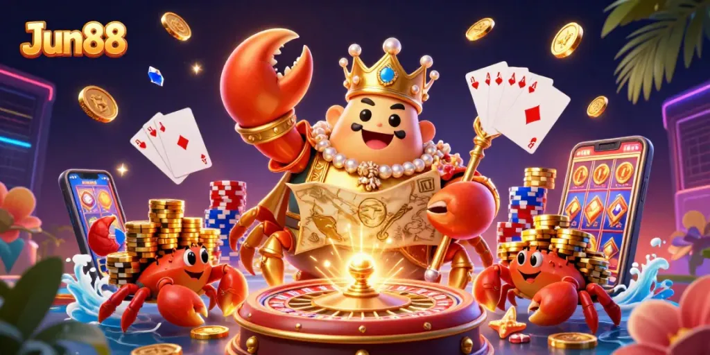 Engage in a thrilling experience with Jun88, featuring a golden crab emperor and vibrant casino elements.