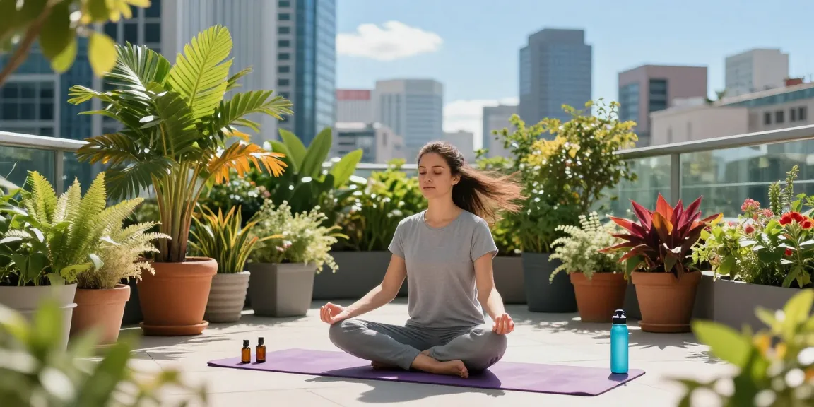 Meditation on rooftop garden with vibrant city skyline, showcasing wellness with Motchill atmosphere.
