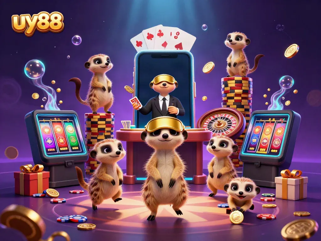 Join the fun at uy88 with meerkats in a vibrant casino scene featuring games and excitement.