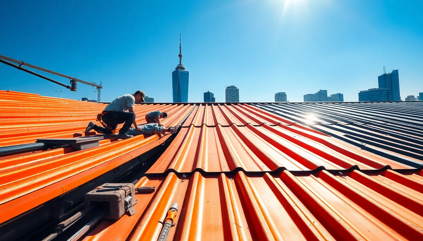 Installers working on metal roofing Toronto showcasing durability and modern design.