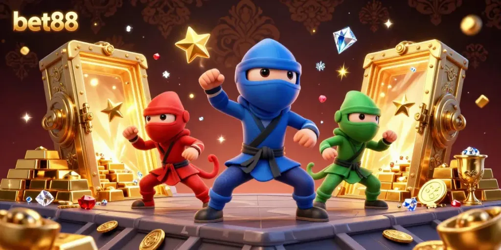 Engage in thrilling gameplay with bet88's vibrant 3D ninja chameleon characters amidst gold treasures and dynamic casino elements.