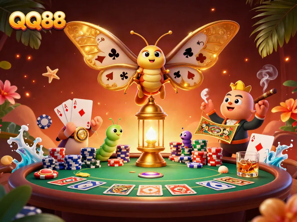 Engage in thrilling gameplay with QQ88, featuring a vibrant casino-themed illustration full of action.
