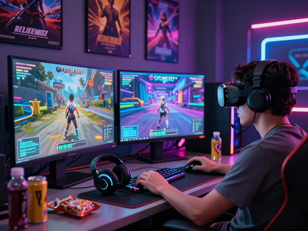 Engaging scene of a player enjoying AI porn games in a vibrant, immersive gaming room filled with holographic graphics and dynamic lighting.