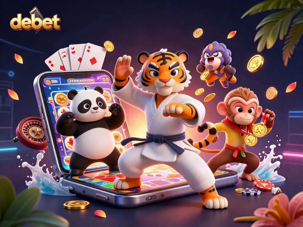 Debet showcases a dynamic scene of animated characters in a colorful online casino gaming experience.