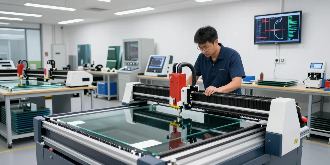 Technician using CNC glass cutting machine in a modern glass processing workshop with advanced tools.