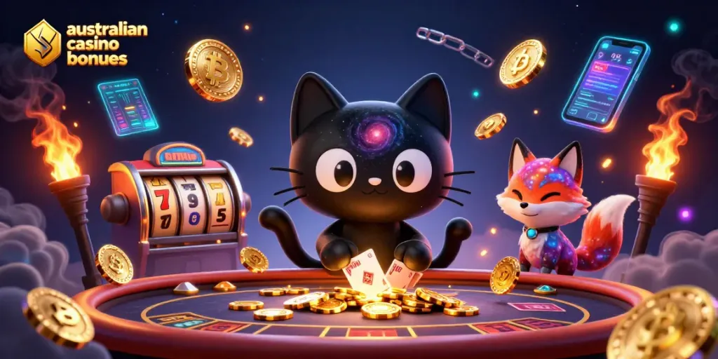 Engage with australian casino bonuses in a dynamic cosmic casino scene featuring cartoon characters and vibrant game elements.