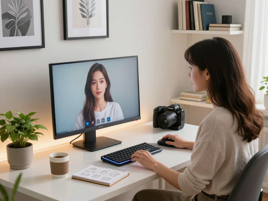 Engaged user interacting with an AI girlfriend on screen in a cozy tech-inspired home office setting.