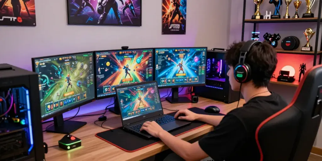 JPTOTO pemain game online dengan antarmuka permainan jackpot yang cerah dan perangkat gaming modern.