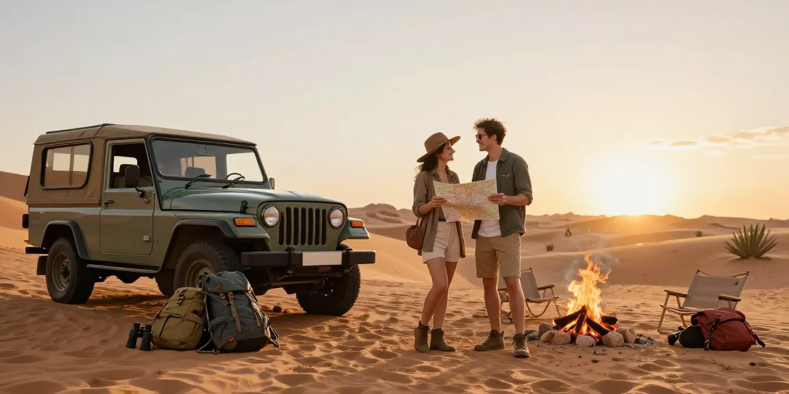Couple planning a desert slot safari adventure at sunset, surrounded by hiking gear.