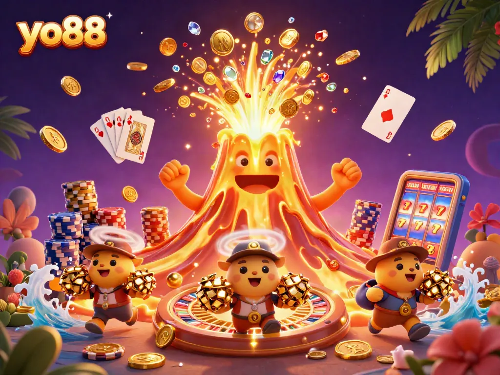 Spin and win big with yo88, featuring a dazzling scene of treasures and casino excitement.