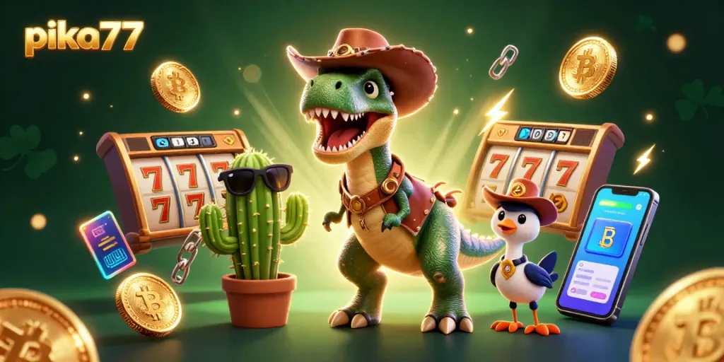 Spin the reels at pika77 with a vibrant scene featuring playful characters, slot symbols, and cryptocurrency elements.