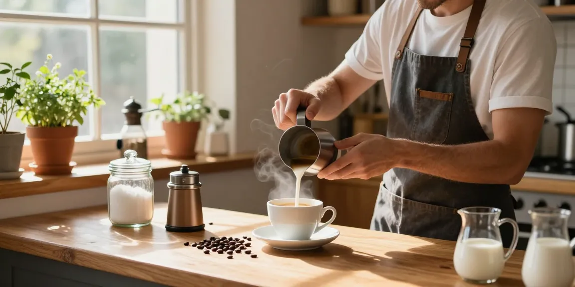 Learn how to prepare white coffee with fresh espresso and steamed milk in a cozy kitchen.