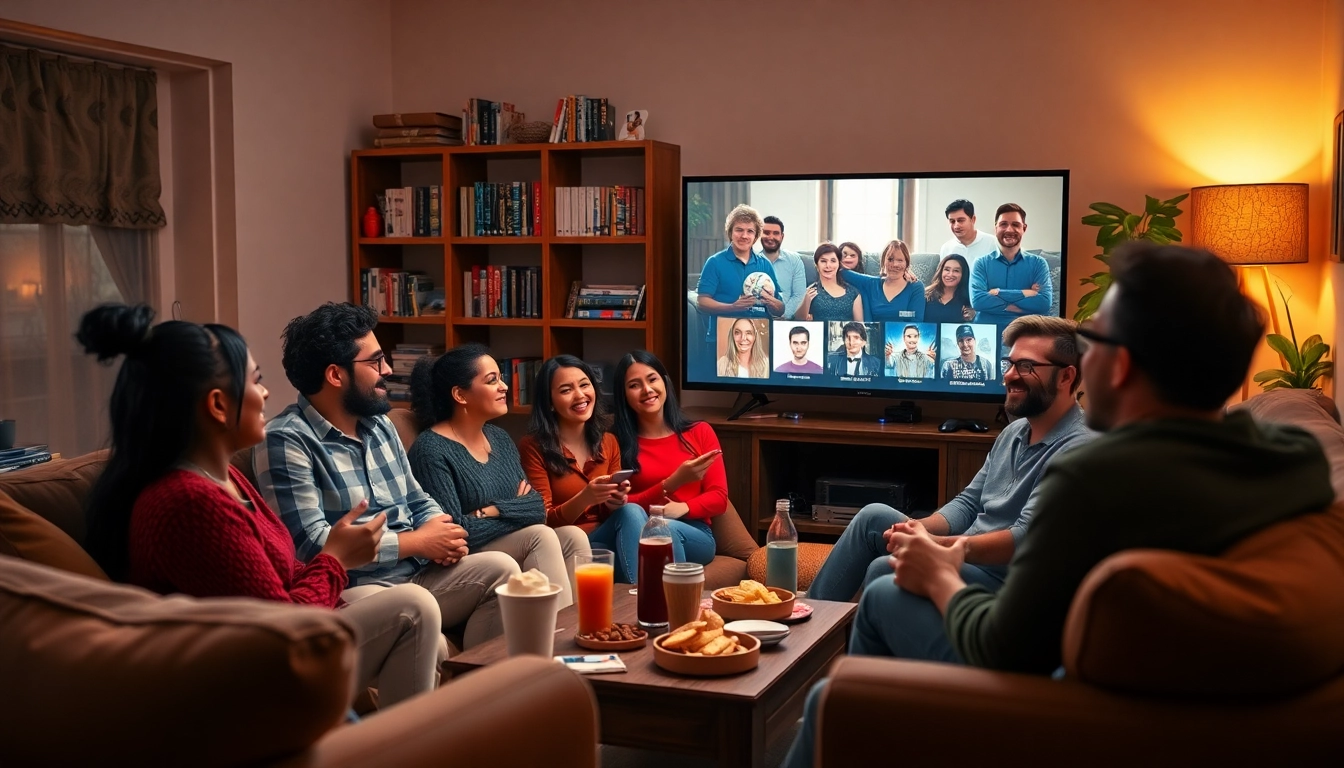 Friends enjoying the latest web series online in a cozy living room setting with snacks and drinks.