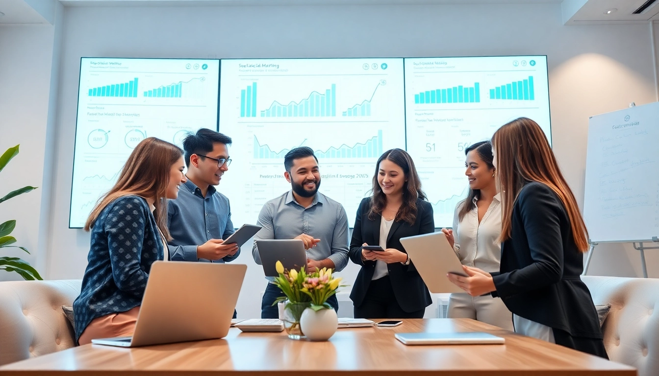 Engaged team of a digital marketing company collaborating in a modern office.