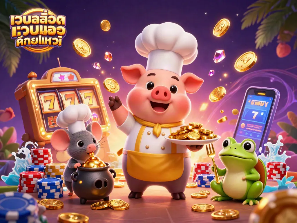 ภาพการ์ตูน 3D ของ เว็บสล็อตเว็บตรง ค่ายใหญ่ ที่เต็มไปด้วยทองคำและเกมสล็อตโชคดี